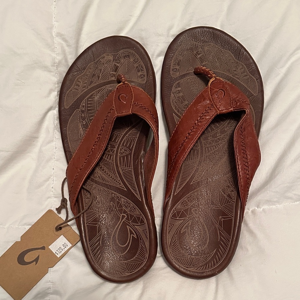 OluKai Brown Leather Sandals with Intricate Design